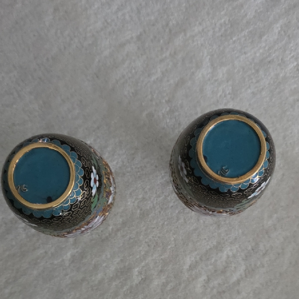Pair of Black and Gold Floral Cloisonné Vases - Picture 2 of 5
